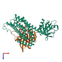 Hetero dimeric assembly 1 of PDB entry 5jhh coloured by chemically distinct molecules, top view.