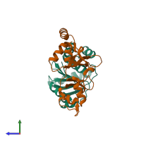 PDB entry 5k23 coloured by chain, side view.