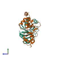 PDB entry 5k25 coloured by chain, side view.