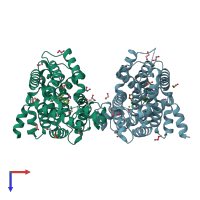 PDB entry 5k32 coloured by chain, top view.