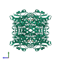 Homo tetrameric assembly 2 of PDB entry 5k3o coloured by chemically distinct molecules, side view.