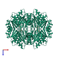 Homo tetrameric assembly 2 of PDB entry 5k3o coloured by chemically distinct molecules, top view.