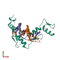 Hetero trimeric assembly 1 of PDB entry 5k5j coloured by chemically distinct molecules, front view.