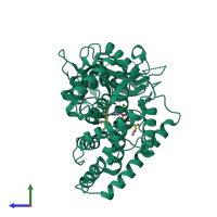 Monomeric assembly 1 of PDB entry 5k7k coloured by chemically distinct molecules, side view.