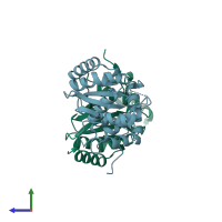 PDB entry 5kbc coloured by chain, side view.