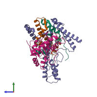 PDB entry 5kdm coloured by chain, side view.