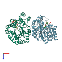 PDB entry 5ket coloured by chain, top view.