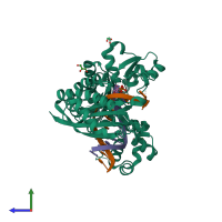 PDB entry 5kfi coloured by chain, side view.