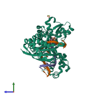 Hetero trimeric assembly 1 of PDB entry 5kfu coloured by chemically distinct molecules, side view.