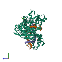 PDB entry 5kfw coloured by chain, side view.