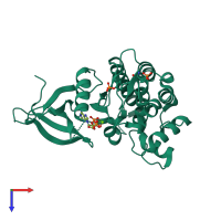 Monomeric assembly 2 of PDB entry 5khw coloured by chemically distinct molecules, top view.