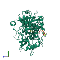 PDB entry 5kjt coloured by chain, side view.