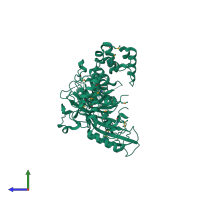 Monomeric assembly 1 of PDB entry 5kkp coloured by chemically distinct molecules, side view.