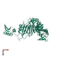 Monomeric assembly 1 of PDB entry 5kkp coloured by chemically distinct molecules, top view.