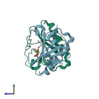 PDB entry 5km3 coloured by chain, side view.