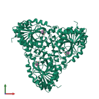 Homo trimeric assembly 1 of PDB entry 5ko6 coloured by chemically distinct molecules, front view.