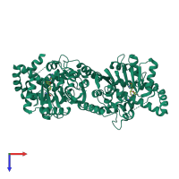 Homo dimeric assembly 1 of PDB entry 5kpc coloured by chemically distinct molecules, top view.