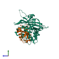Hetero dimeric assembly 1 of PDB entry 5kye coloured by chemically distinct molecules, side view.