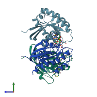 PDB entry 5kyk coloured by chain, side view.