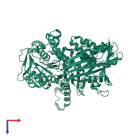 Hetero dimeric assembly 2 of PDB entry 5kyn coloured by chemically distinct molecules, top view.
