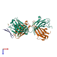 Hetero trimeric assembly 1 of PDB entry 5kzp coloured by chemically distinct molecules, top view.