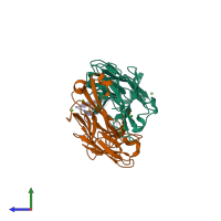 Hetero trimeric assembly 3 of PDB entry 5kzp coloured by chemically distinct molecules, side view.
