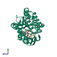 PDB entry 5ldg coloured by chain, side view.