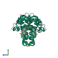 Homo dimeric assembly 1 of PDB entry 5lk9 coloured by chemically distinct molecules, side view.