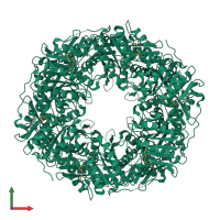 Homo hexameric assembly 1 of PDB entry 5lkm coloured by chemically distinct molecules, front view.