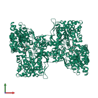 Homo dimeric assembly 1 of PDB entry 5lr8 coloured by chemically distinct molecules, front view.