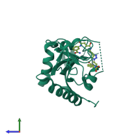 Monomeric assembly 1 of PDB entry 5lyh coloured by chemically distinct molecules, side view.