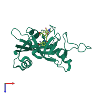 Monomeric assembly 1 of PDB entry 5lyh coloured by chemically distinct molecules, top view.