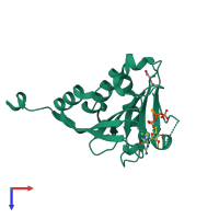 Monomeric assembly 1 of PDB entry 5m7x coloured by chemically distinct molecules, top view.