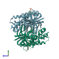 PDB entry 5mbc coloured by chain, side view.
