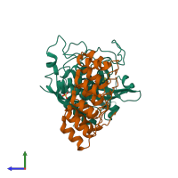 Hetero dimeric assembly 1 of PDB entry 5mbl coloured by chemically distinct molecules, side view.