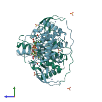 PDB entry 5mf6 coloured by chain, side view.