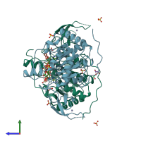 PDB entry 5mfp coloured by chain, side view.