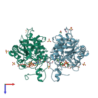 PDB entry 5mfp coloured by chain, top view.