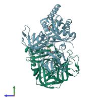 PDB entry 5mi9 coloured by chain, side view.