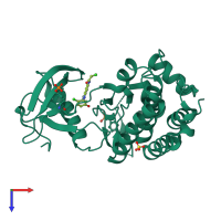 Monomeric assembly 1 of PDB entry 5mja coloured by chemically distinct molecules, top view.