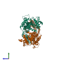 PDB entry 5mkk coloured by chain, side view.