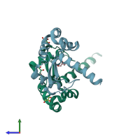 PDB entry 5mkw coloured by chain, side view.