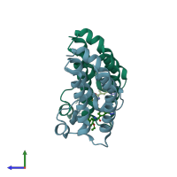 PDB entry 5mpk coloured by chain, side view.