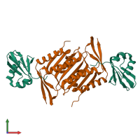Hetero tetrameric assembly 1 of PDB entry 5mpo coloured by chemically distinct molecules, front view.