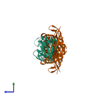 Hetero tetrameric assembly 1 of PDB entry 5mpo coloured by chemically distinct molecules, side view.