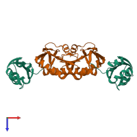 Hetero tetrameric assembly 1 of PDB entry 5mpo coloured by chemically distinct molecules, top view.
