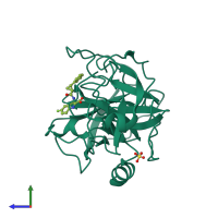 Monomeric assembly 1 of PDB entry 5mt0 coloured by chemically distinct molecules, side view.