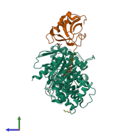 PDB entry 5mv8 coloured by chain, side view.