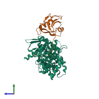 PDB entry 5mv9 coloured by chain, side view.
