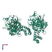 Homo dimeric assembly 1 of PDB entry 5nak coloured by chemically distinct molecules, top view.